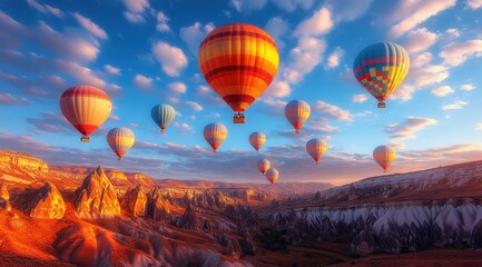 Fototapeta premium A group of hot air balloons are flying over a mountain range