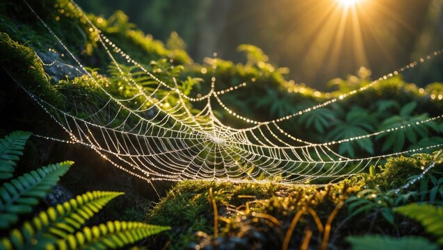 Spiderweb Covered in Dewdrops Glowing in Sunlight on Green Moss