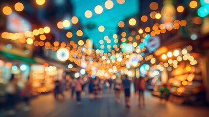 Blurred Festive Night Street: Bokeh Lights, City Life, And Vibrant Urban Ambiance