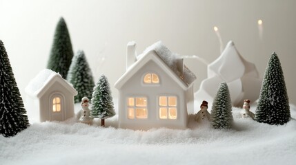 Fototapeta premium Charming winter village scene with cozy homes and miniature tree