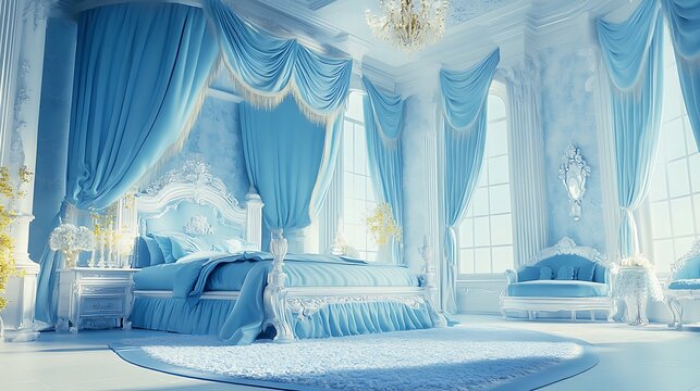Dreamy blue bedroom with a grand bed and elegant furniture