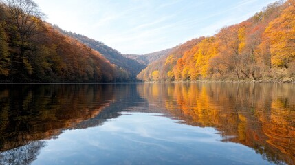 Naklejka premium Autumn reflection calm water vibrant fall foliage