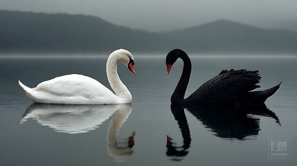 Fototapeta premium Two swans, one white, one black, on a lake
