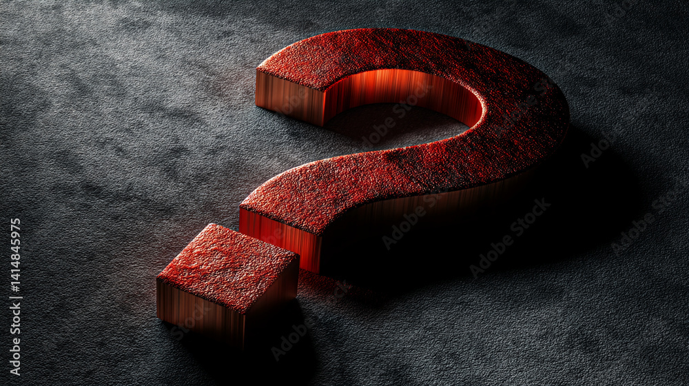 Poster red metallic question mark on dark textured background, 3d rendered, symbolizes inquiry, uncertainty