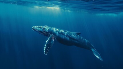 Obraz premium Majestic Whale Swimming in Tranquil Deep Blue Ocean with Sun Rays
