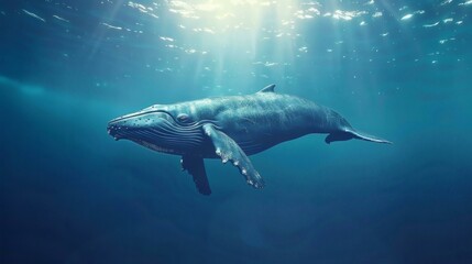 Fototapeta premium Majestic Whale Swimming Gracefully in the Deep Blue Ocean Under Sunlight