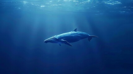 Fototapeta premium Whale swimming underwater with light rays, creating a serene aquatic scene.