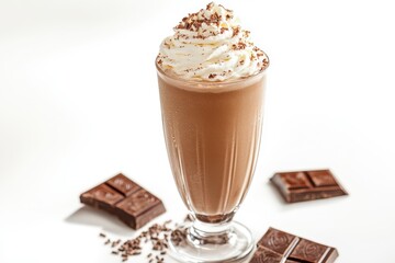 Chocolate milkshake with whipped cream and chocolate shavings on top