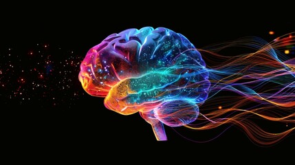 Abstract representation of a human brain exploding into colorful energy streams, symbolizing cognitive processes and the power of the mind