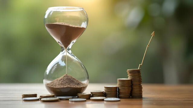 Temporal investment visualization through time measurement device modified to demonstrate currency accumulation alongside performance analytics