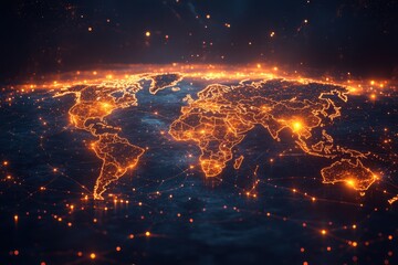Global network design illuminated with glowing nodes across a detailed world map showcasing technological connectivity