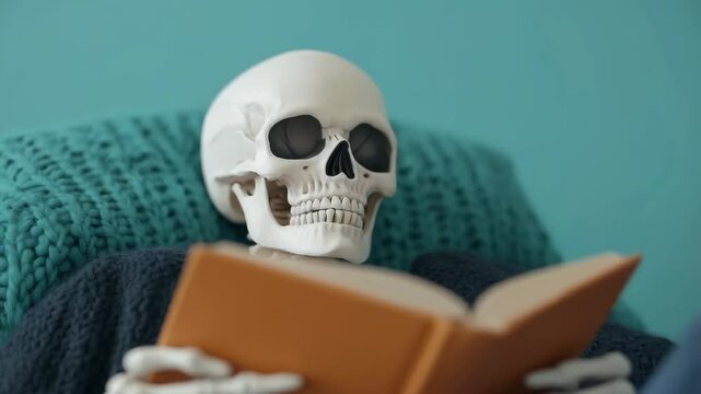 Human skeleton reading a book laid on sofa. Anatomy model enjoying literature motion footage. Halloween concept clip with readable person. Copy space for funny text.