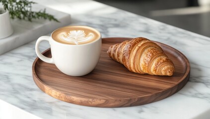 Latte and Croissant on Wooden Tray in Cafe