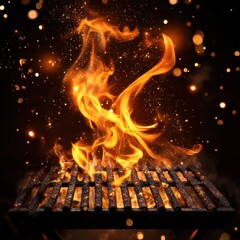 Fiery grill ablaze with vibrant flames against a dark backdrop creating a captivating culinary spectacle and warm inviting atmosphere