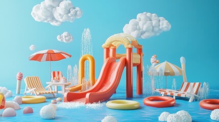 Cartoon summer water park with slide, lounge chairs, umbrellas, and candy.