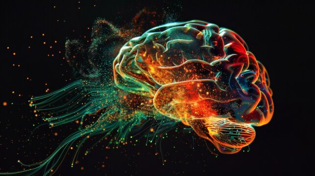 Conceptual image of a luminous human brain exploding with knowledge, surrounded by vibrant particles against a dark background