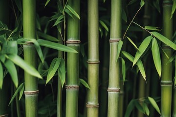 Obraz premium Lush green bamboo stalks close-up, natural background, outdoor garden