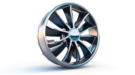 Chrome alloy wheel with turbine design isolated on white background.