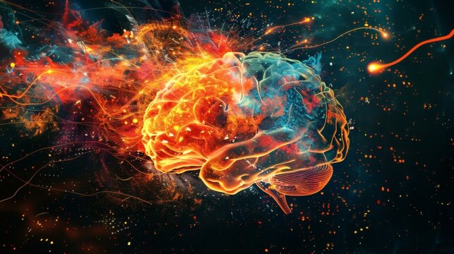 Brain Exploding with Creative Energy: Neural Activity and Cognitive Function Visualized with Vibrant Flames and Electrical Impulses