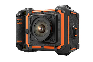 Rugged camera. Black and orange, with a large lens. Appears durable, perfect for outdoor adventures and high-quality images