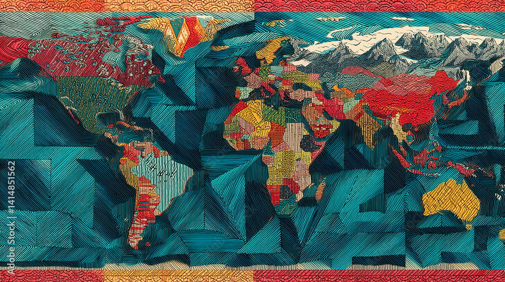 Poster Abstract world map illustration, teal and red color palette, geometric lines create a textured, stylized representation of global connectivity and diversity