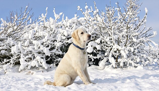 White dog sitting by snow bushes in snow.