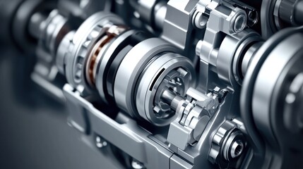 Fototapeta premium Close-up detailed view of complex metallic machine gears and components.