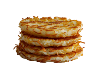 A Stack of Crispy Golden Hash Browns on a White Background, Perfect for Breakfast, Brunch, or Side Dish Concepts, Representing Culinary Delights and Comfort Food