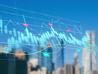 Modern city skyline with financial charts and stock market data visualization