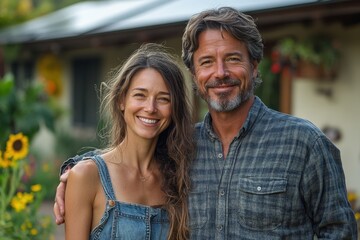 Naklejka premium Couple poses happily in a sunflower garden during a sunny afternoon in a charming rural setting
