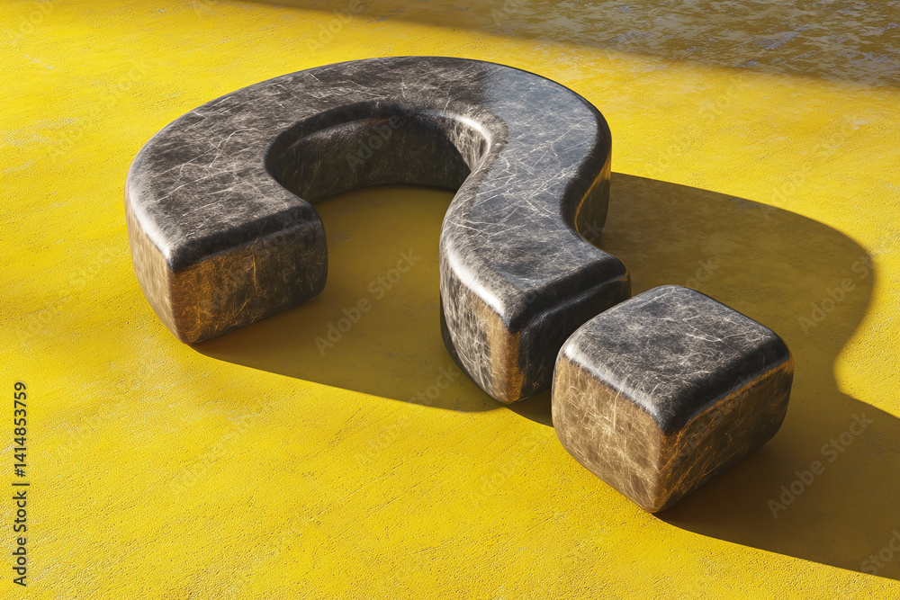 Aufkleber dark gray stone question mark on yellow background, showcasing enigma, inquiry, or problem-solving c