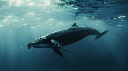 Fototapeta premium Majestic Humpback Whale Gracefully Swimming Underwater in Sunlit Ocean Depths with Reflections and Particles