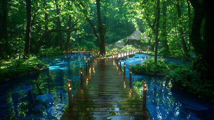 Obraz premium Tranquil wooden path through a lush, serene forest