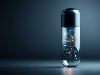 Vertical minimal poster of a futuristic capsule with metallic blue top and transparent base filled with microchips and nano-lights, set against a dark gradient background with glowing tech-style effec