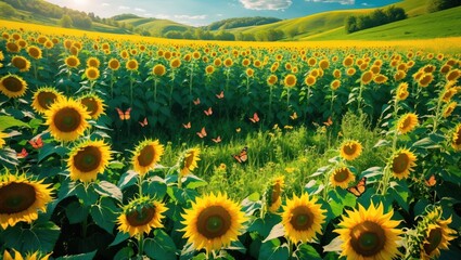 Obraz premium Sunflower Field with Butterflies on Sunny Day Capturing Nature's Beauty