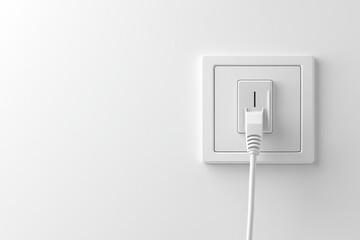 A close-up view of a white electrical outlet with a plug connected against a minimalist wall