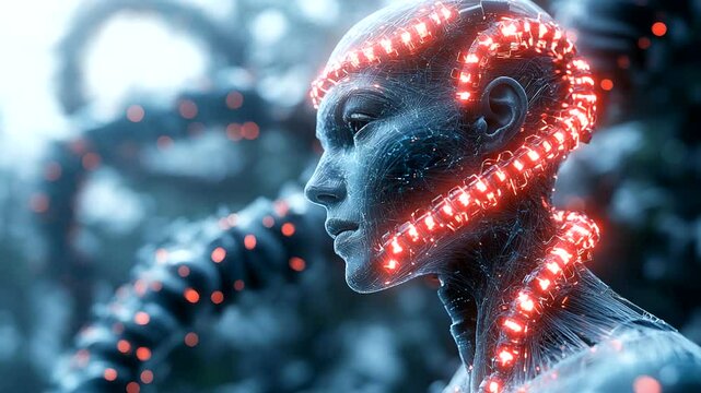 Futuristic cyborg profile, glowing wires, alien landscape, sci-fi concept art