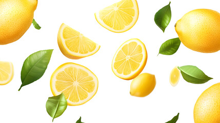 Vibrant Yellow Lemon Slices Falling with Green Leaves Isolated Image