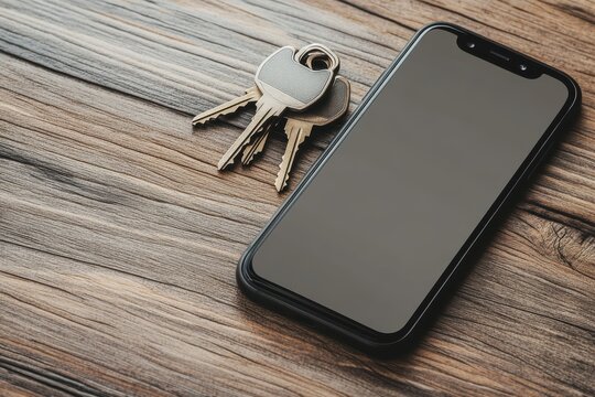 A smartphone and a set of keys resting on a rustic wooden surface during a calm morning