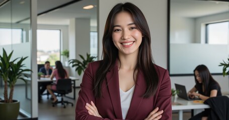 Fototapeta premium Confident businesswoman in professional attire smiles at camera with active colleagues in naturally lit office commercial stock photo