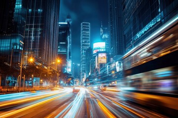 Night city street, motion blur of cars and buses, skyscrapers, advertising billboards