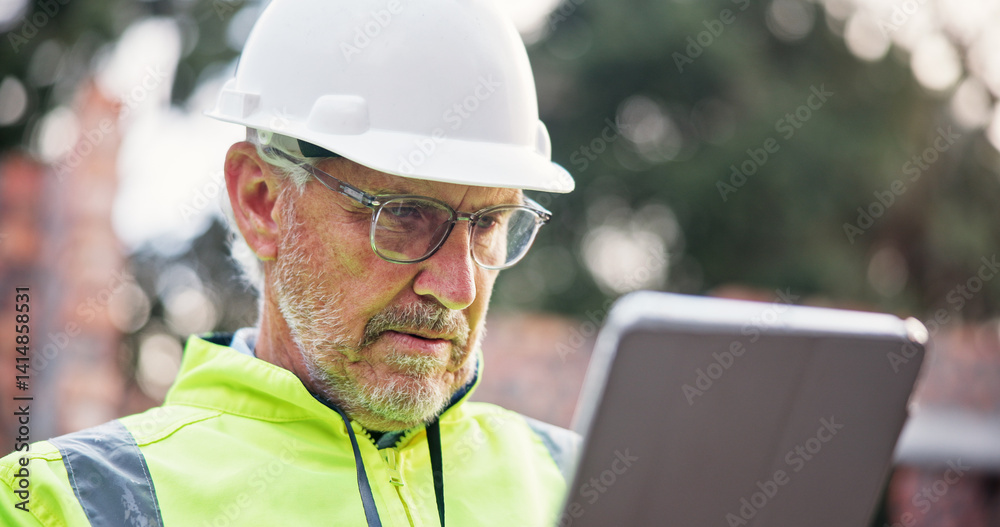 Poster construction, man and tablet with report on site for building observation, project inspection or com