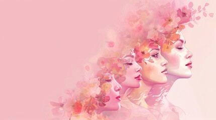 Naklejka premium Artistic depiction of diverse women in profile, celebrating female empowerment with soft, pastel colors and abstract forms