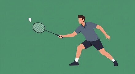 Dynamic badminton player hitting shuttlecock with green background illustration