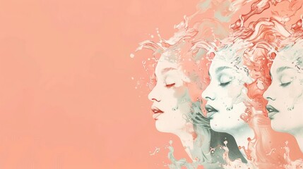 Fototapeta premium Artistic depiction of diverse women in profile, celebrating female empowerment with soft, pastel colors and abstract forms