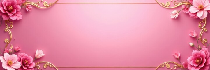Elegant pink backdrop with gold swirls, floral accents, feminine, royal