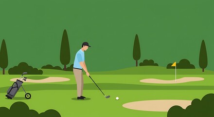 Illustrated golfer poised to swing on a picturesque golf course setting