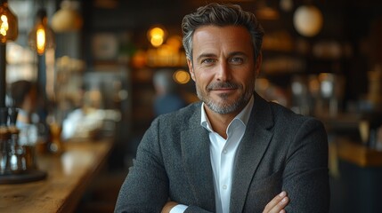 Fototapeta premium Successful Cafe Owner Smiling in a Modern Coffee Shop Interior