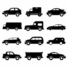 A collection of black silhouette car icons representing various vehicle types