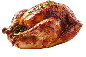 Roasted turkey sits golden-brown, garnished with herbs, a Thanksgiving centerpiece ready to carve